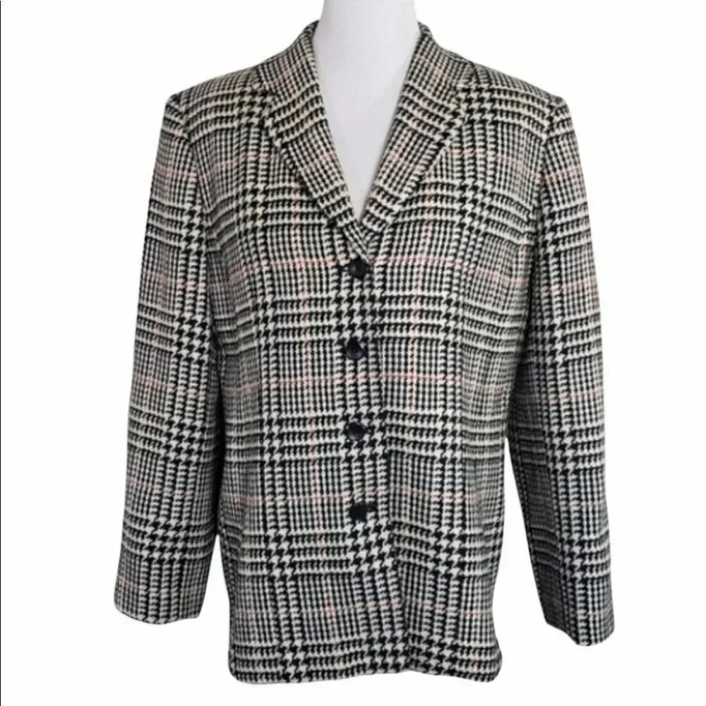Talbots Petites Plaid Blazer Jacket Women 14 Black White‎ Pink Classic Tailored